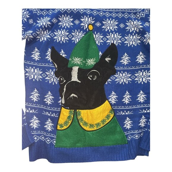 33 Degrees Men Blue Ugly Christmas Sweater Elf Dog Boston Terrier Size S NWT - Picture 2 of 5